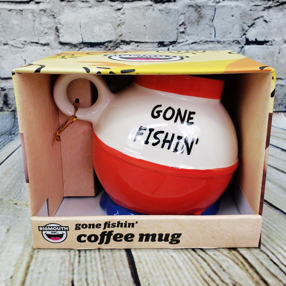BigMouth Inc Gone‎ Fishin Bobber Coffee Mug Red White Ceramic 20oz Novelty Cup